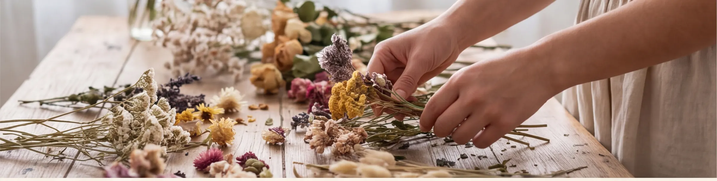 Composition d'un mélange de fleurs et de plantes séchées à l'atelier