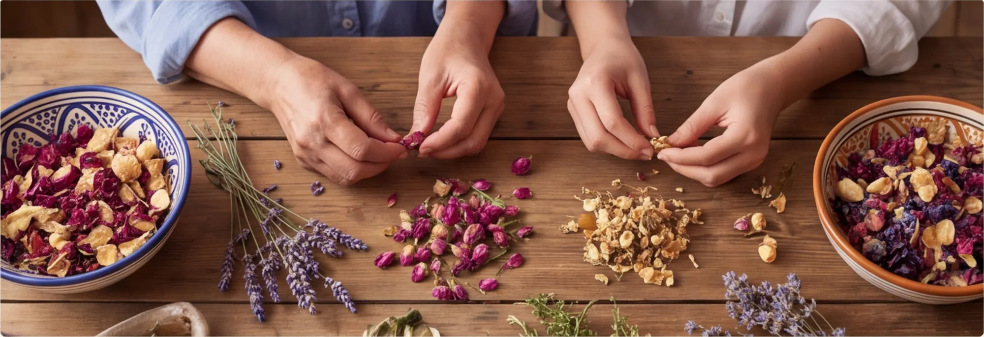 Assemblage à la main d'un mélange de fleurs et de plantes séchées